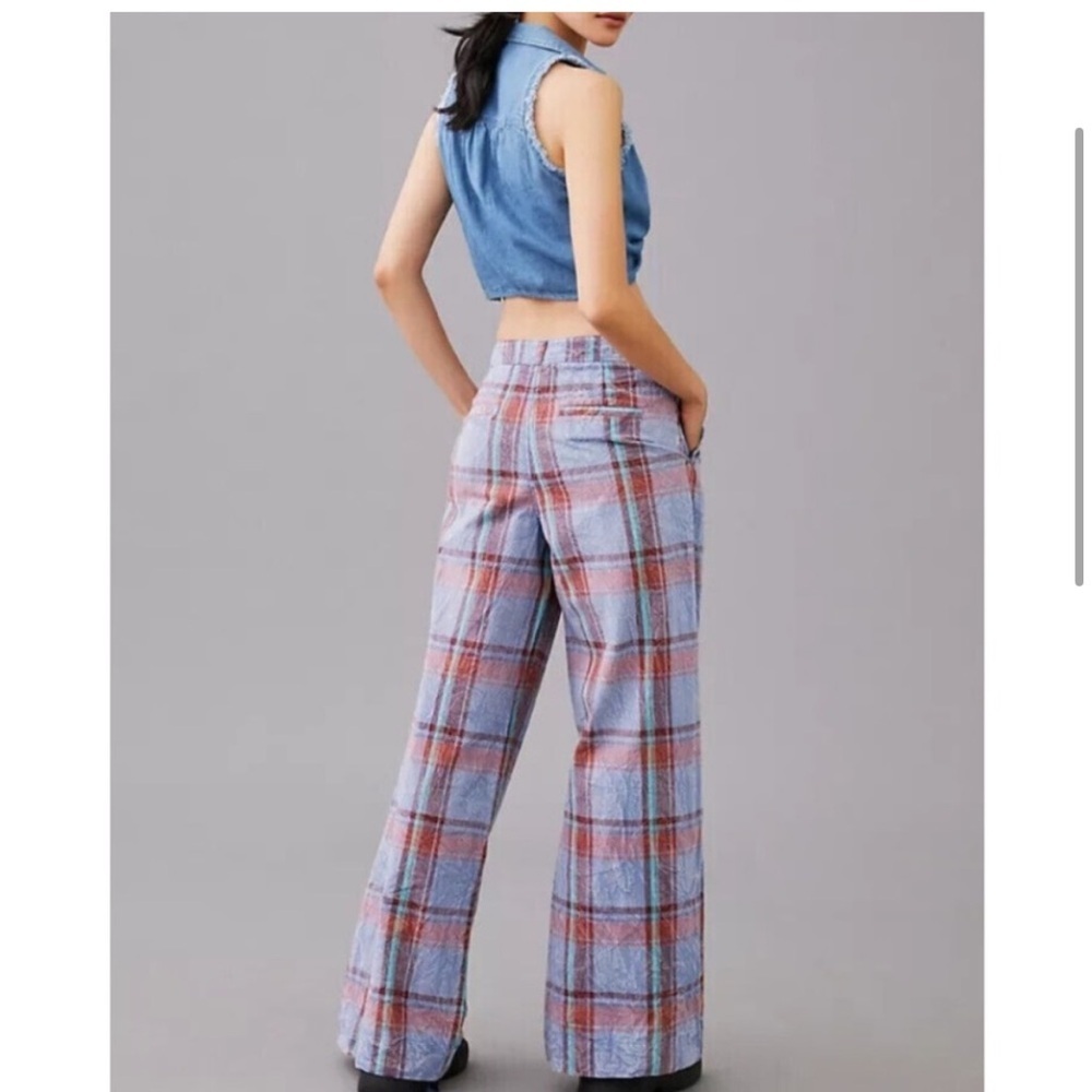 By Anthropologie - Plaid Wide Leg Pants Blue Burgundy - Picture 3 of 9